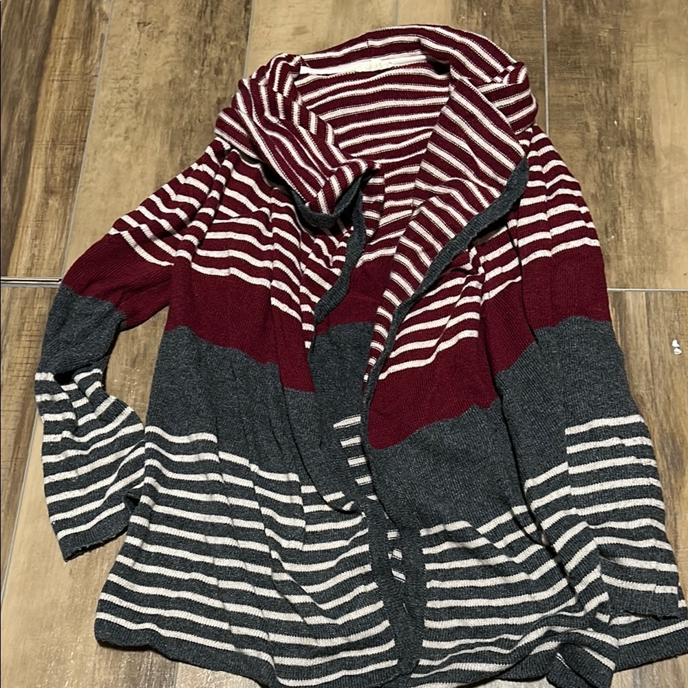 Mystree Red and Gray Striped Cardigan Sweater